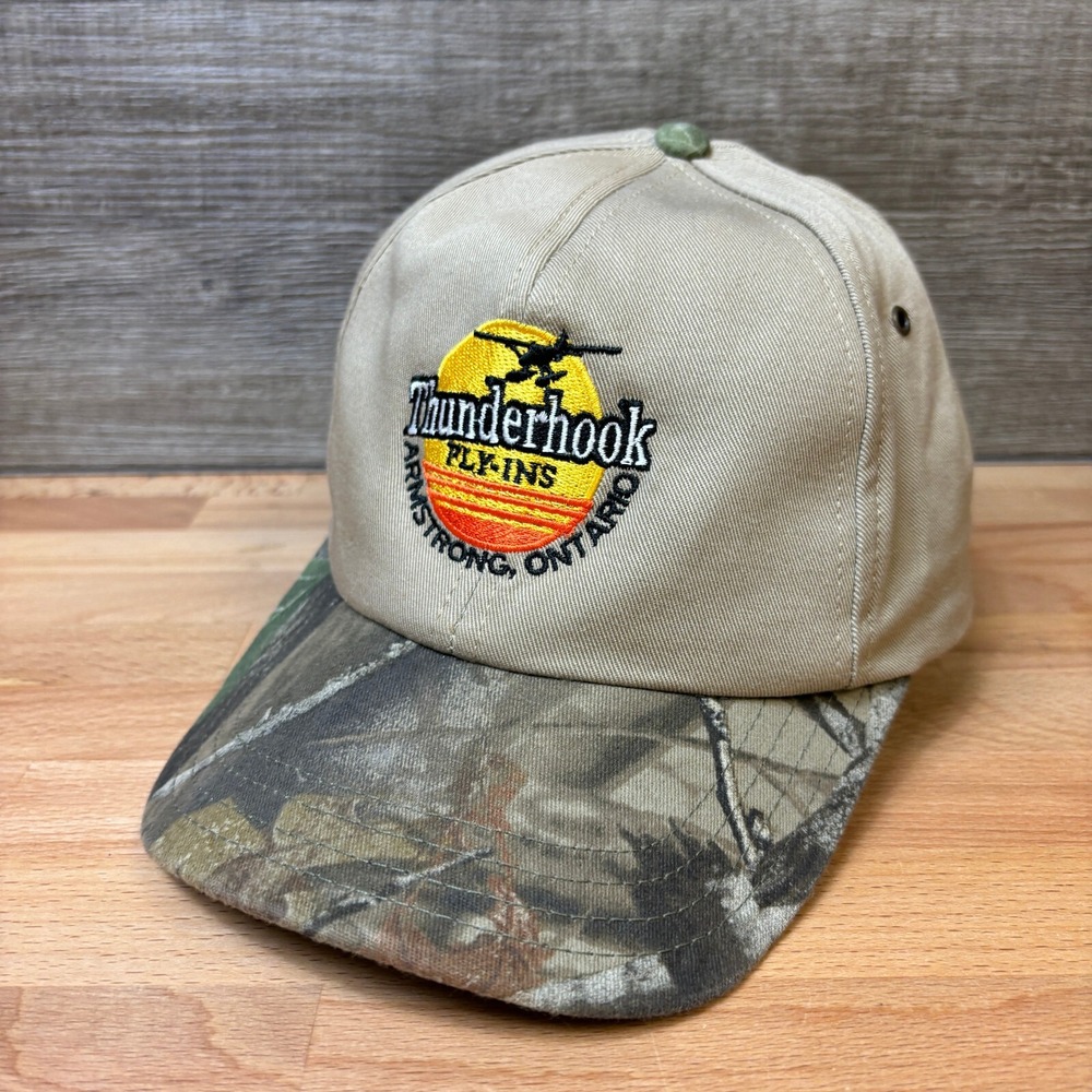 Vintage Thunderhook Fly Ins Hat Cap Snapback Brown Camo Ontario USA Made